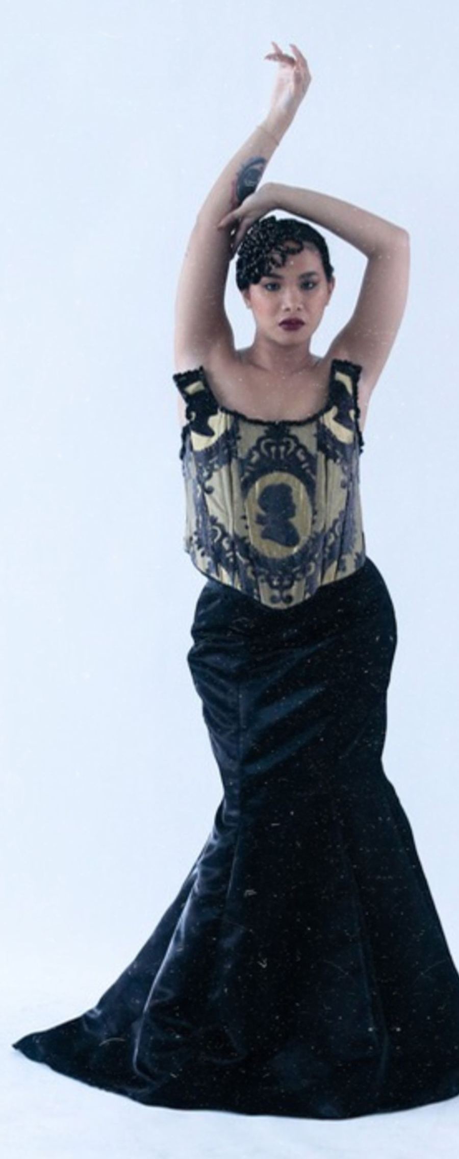 Brocade corset with black velvet mermaid skirt