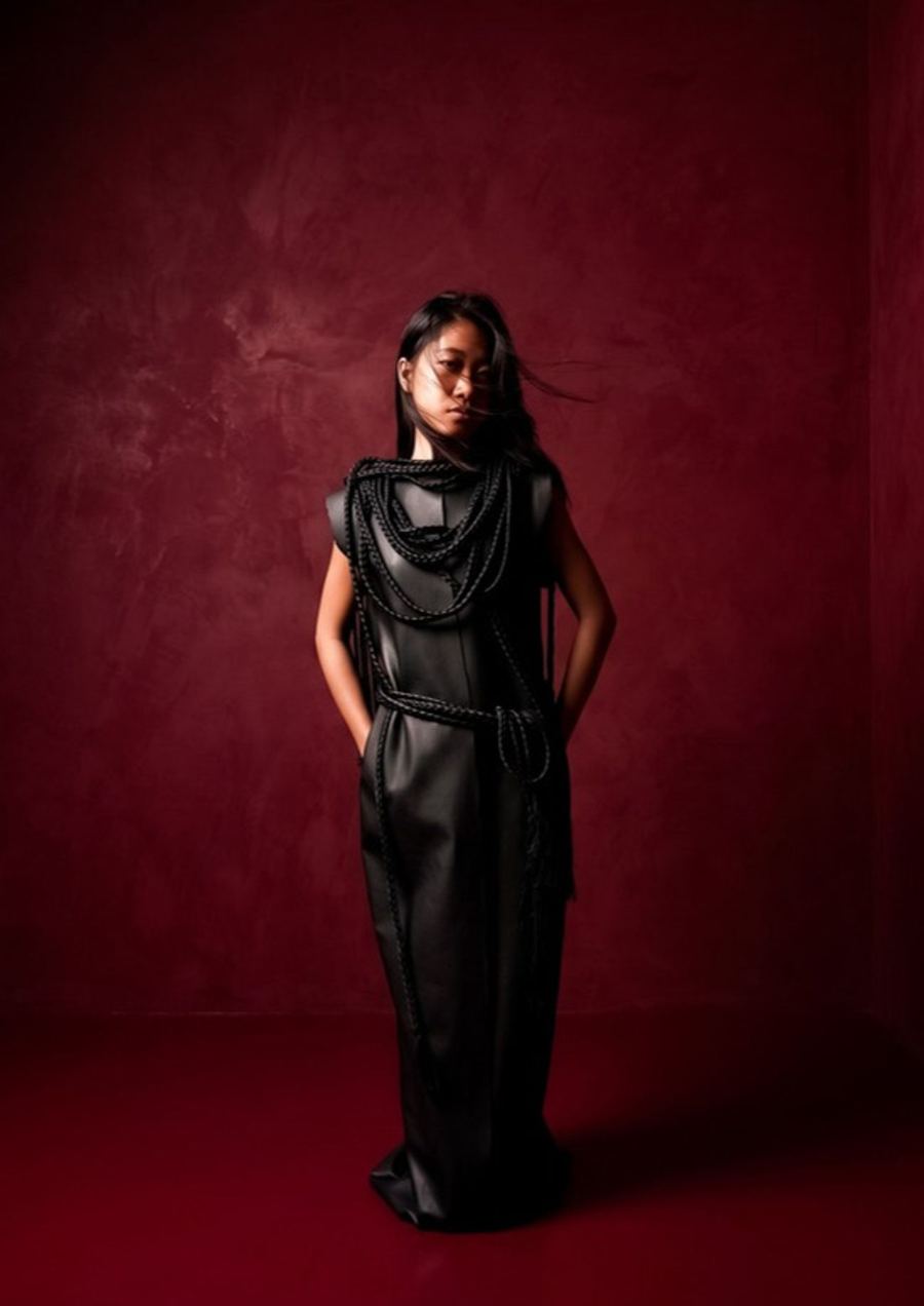 Black leather gown with braided rope