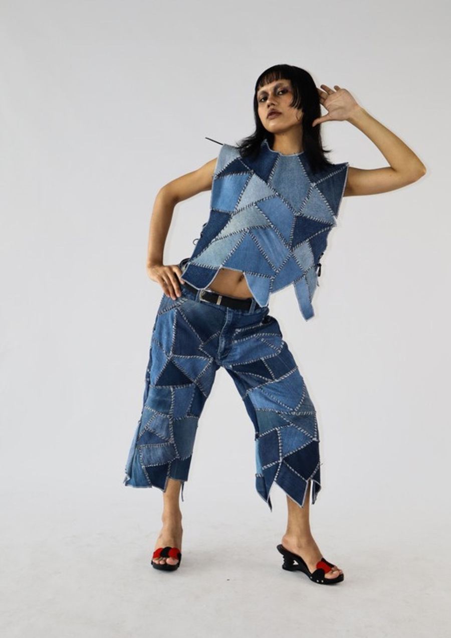 Patchwork denim two-piece, full length