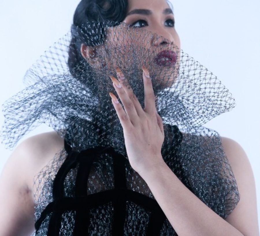 Close portrait in a blue tulle collar